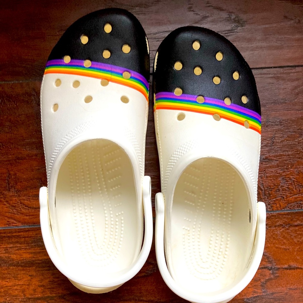Crocs Classic Rainbow Pride White Black Classic Slip On Clogs Mens 8 Womens 10